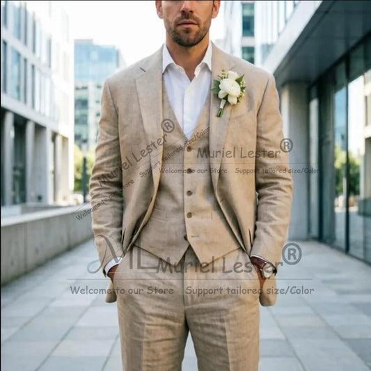 3 Pieces Linen Wedding Tuxedo Khaki Men Suits For Summer Slim Fit V Neck Vest Formal Suit With Flap Pockets For Party Occasion