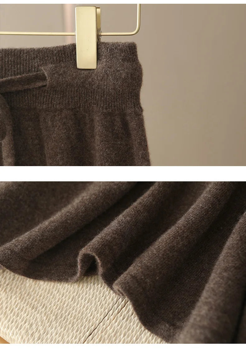 Autumn And Winter100% Pure Wool Skirt Women's Long Pocket Small A Skirt High Waist Slim Cashmere Knit A-Line Skirt