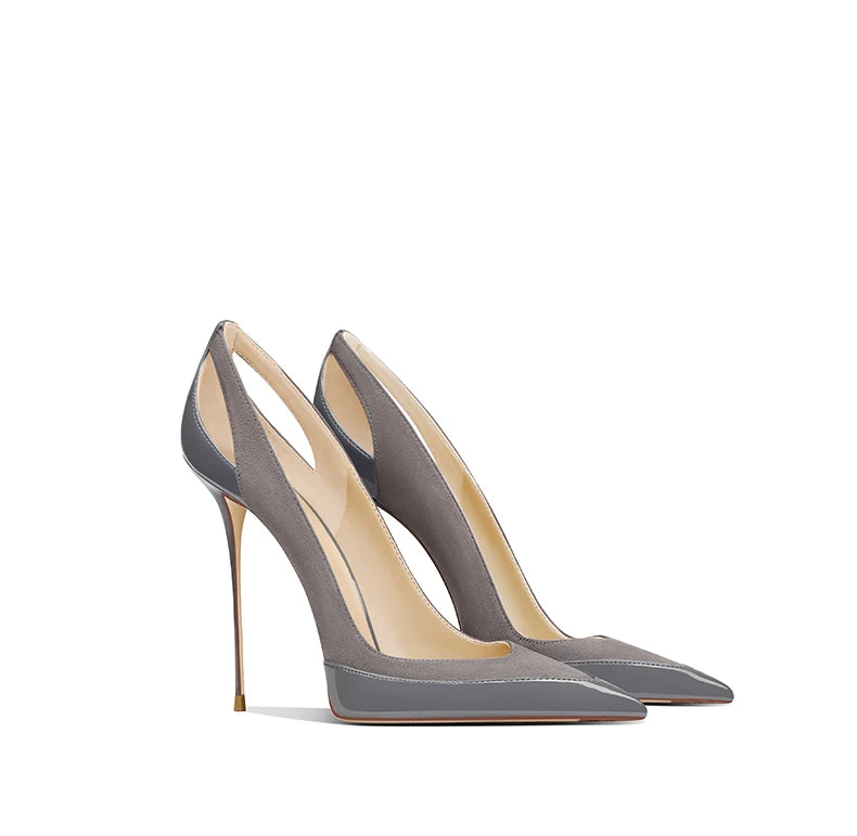 French style gray patent leather patchwork design with a sense of autumn new style pointed toe slim heel high heels for women