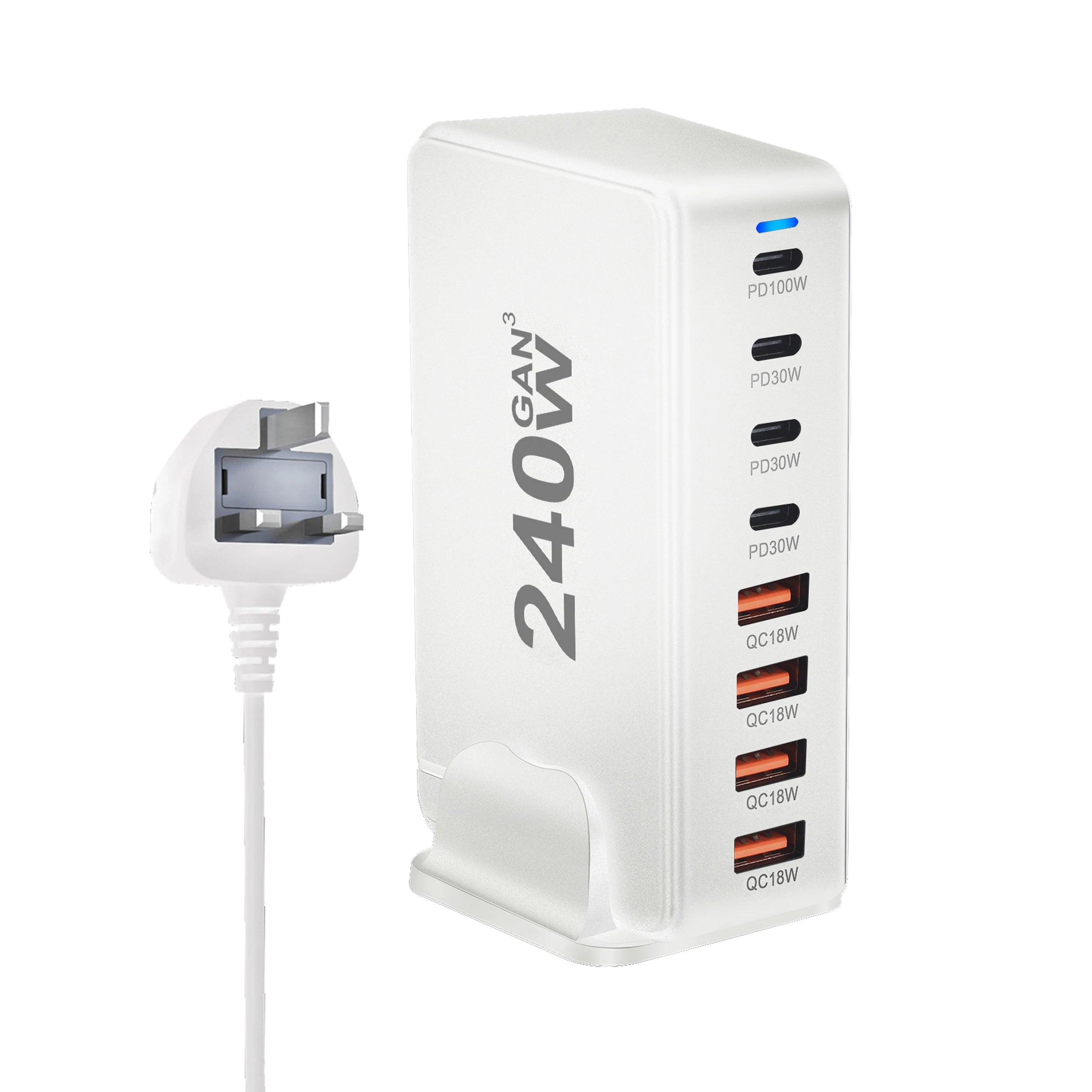 240W GaN desktop charger with 8 USB-C ports, supports PD 3.0 fast charging and is compact & portable