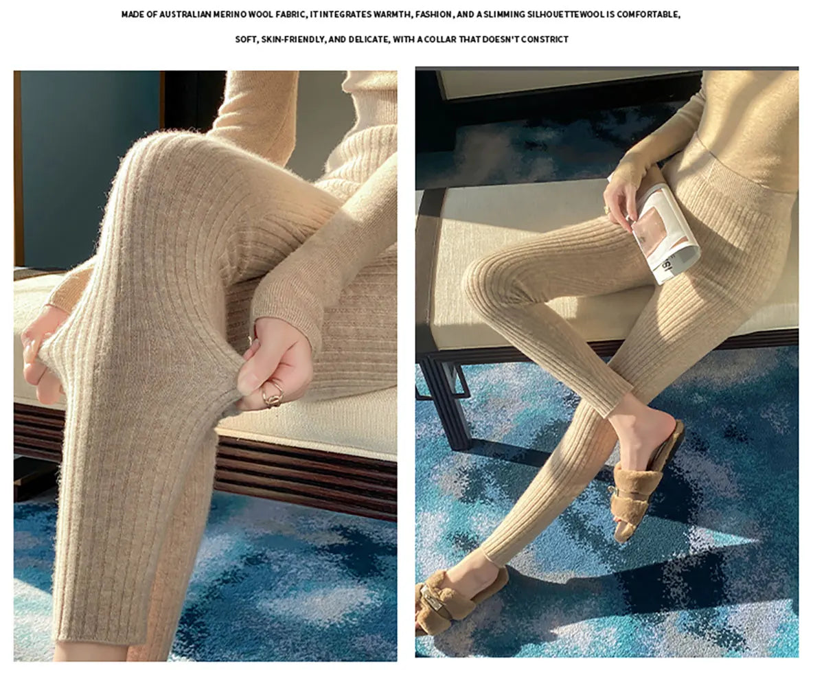 Autumn Winter 100% Merino Wool Leggings for Women Thickening Leggings Small Feet Pencil Pants Outdoor Casual Stretchy Pants