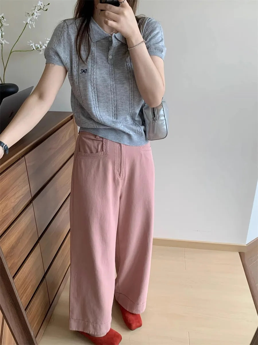 AOSSVIAO 2026 Summer New Korean Fashion Slim Polo shirt Knitted Short Sleeve T-shirt Sweet Bow Embroidered Knitted  Women Tops