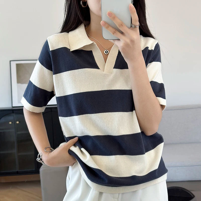 WinvyNee Summer Half Sleeved Women's Solid Polo Shirt Casual Cotton Striped Top T-shirt Women Clothing Casual Knitted A1002022