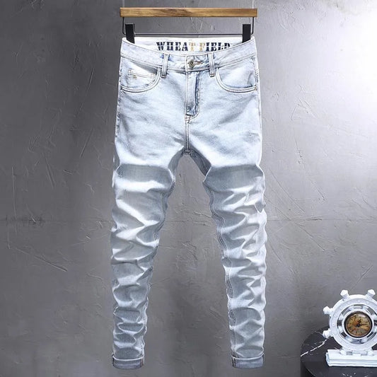 Spring and Autumn New Fashion Trend Solid Color Straight Stretch Denim Pants Men Slim Breathable High Quality Small Foot Pants