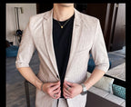 Men's Summer New Slim Fit 3/4 Sleeve Blazer Set Thin Seven-Point Sleeve Suit Outfit Casual Business Two-Piece Set