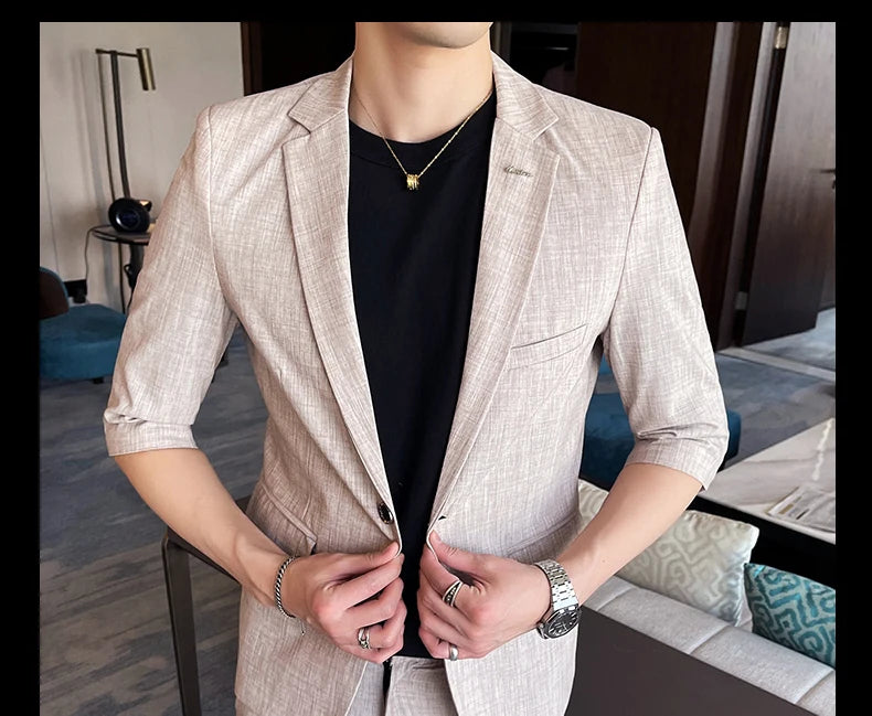 Men's Summer New Slim Fit 3/4 Sleeve Blazer Set Thin Seven-Point Sleeve Suit Outfit Casual Business Two-Piece Set