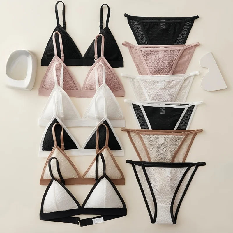 Women French Lace Bra and Panties Set Non-wire Bralette Bra Low-Rise Briefs Sexy Lingerie Female Lace Underwear Set