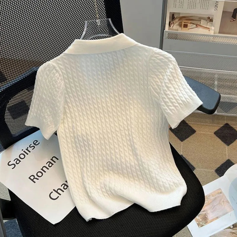 Summer Women's Polo-neck Short-sleeved Shirt Ice Silk Twist Stripe Knitting T-Shirt Thread Loose Minimalist Lapel Pullover Tees