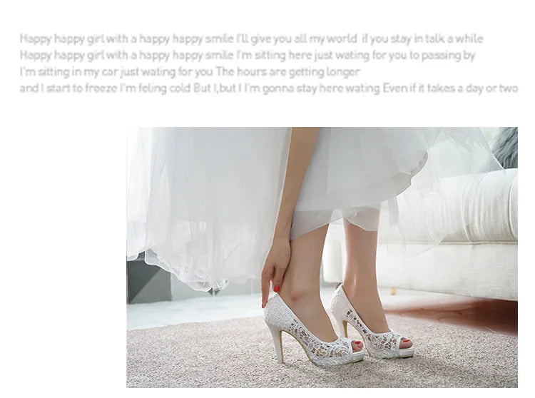 2025 New White Lace Wedding Shoes Fish Mouth High Heels Banquet Single Shoes Women