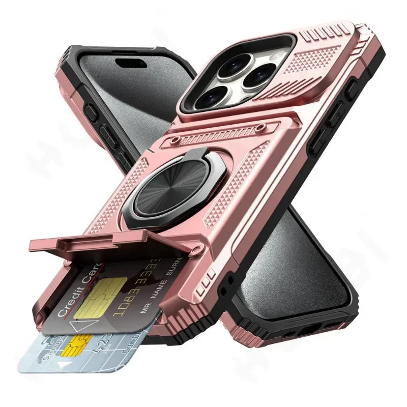 Military Quality Case for iPhone 11 13 14 15 16 Pro Max Magnetic Rotated Ring Kickstand Heavy Duty Drop Protection Wallet Cover