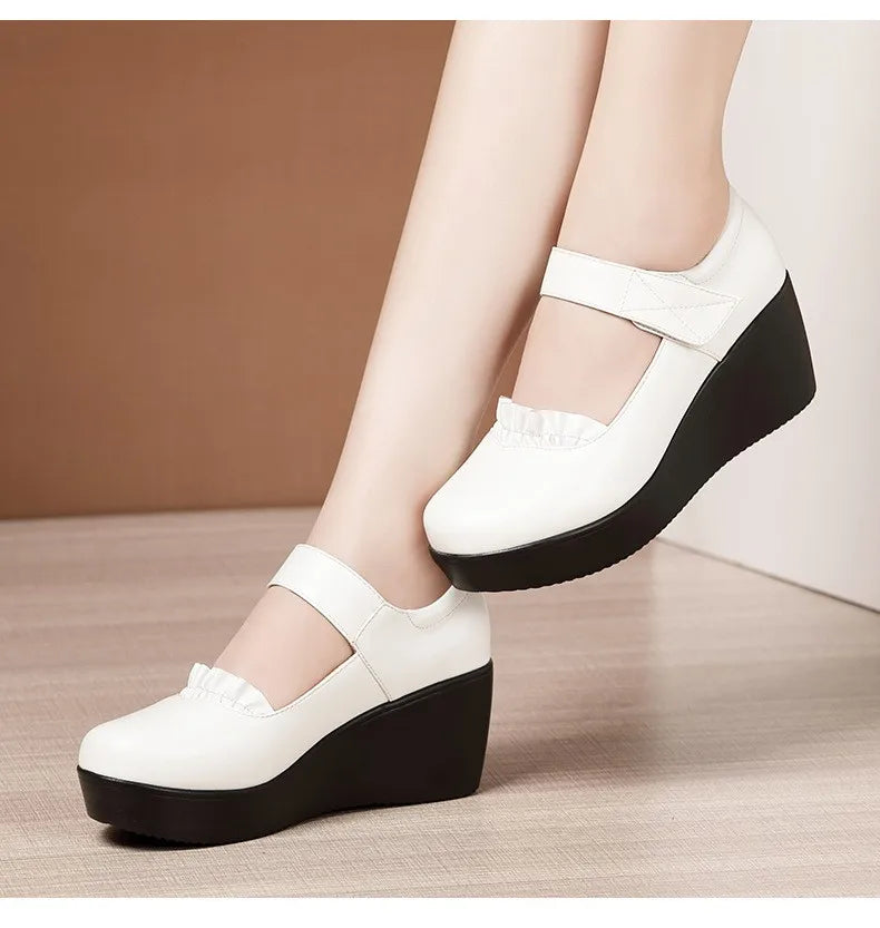 6cm Small Size 32-43 Comfortable Med Heels Pumps Soft Leather Mary Janes 2026 Women's Platform Wedges Shoes for Office Mom Dance
