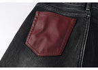 Men's Fashionable Black/Gray Jeans with Pleats Nostalgic Perforations Red Patches Washed Water High Street Style