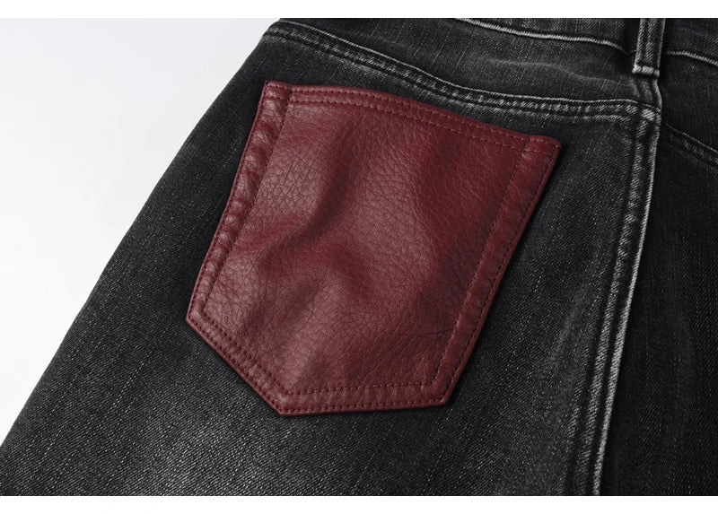 Men's Fashionable Black/Gray Jeans with Pleats Nostalgic Perforations Red Patches Washed Water High Street Style