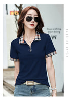New Women Summer Cotton Polo T-shirt Fashion Button Plaid Turn-down Collar Short Sleeve Slim T-shirt Simplicity Casual Tees Tops