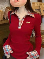 Preppy Polo Neck Plaid Long Sleeve Layered T Shirt Women Fake Two-piece Basic Top V Neck Button Blouses Tees Embroidery