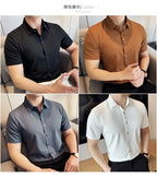 Men's White Business Casual Shirt, Fitted Striped Elastic Short-sleeved Shirt, Exquisite Embroidered Summer Formal Work Uniform.
