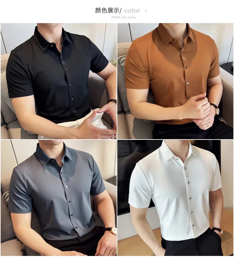 Men's White Business Casual Shirt, Fitted Striped Elastic Short-sleeved Shirt, Exquisite Embroidered Summer Formal Work Uniform.