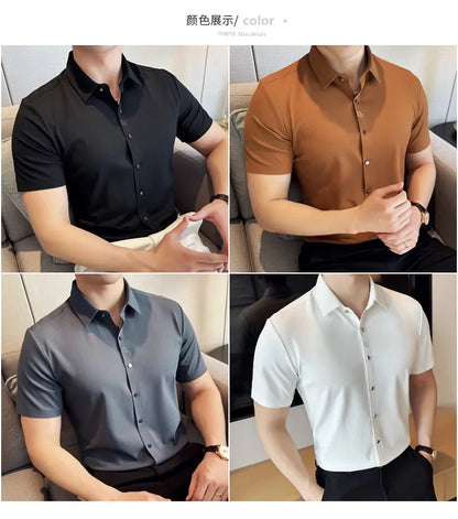 Men's White Business Casual Shirt, Fitted Striped Elastic Short-sleeved Shirt, Exquisite Embroidered Summer Formal Work Uniform.