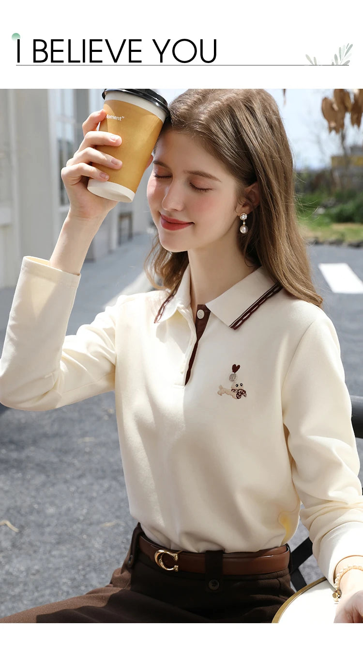 I BELIEVE YOU Polo Neck Long Sleeved T-shirt for Women Autumn 2025 Apricot Casual Tees Contrast Color Embroidery Top 2253016181
