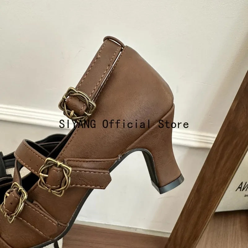 Sweet Lolita Cross Buckle Strap Women Mary Jane Shoes Fashion Multi Metal Buckle Shoes Retro Wedding Party Dress Ladies Pumps