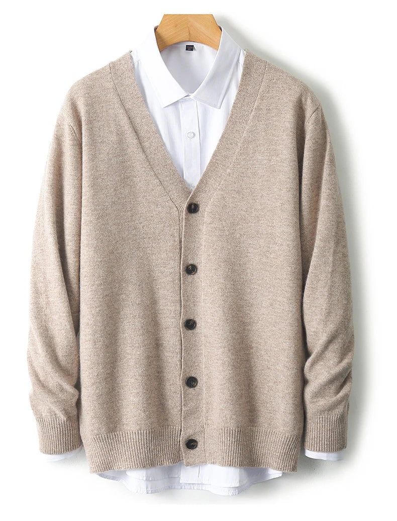 100% Pure Wool Sweater Autumn Winter New Men's Cardigan V-Neck Buckle Jacket Loose Casual Cashmere Knitted Sweater Long Sleeveds