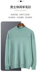 Autumn and winter new 100% pure wool men's semi-turtle neck loose knit solid color Joker casual knit bottoming shirt.