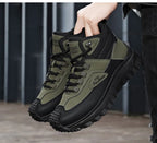 Men'S Black And White Mid Top Hiking Boots Waterproof Leather Platform Sneakers Non Slip Outdoor Casual Shoes With Rugged Sole