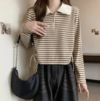 Women's Autumn Polo Shirt 2026 Striped Long Sleeve Drawstring Teddy Bear Collar Slimming T-Shirt