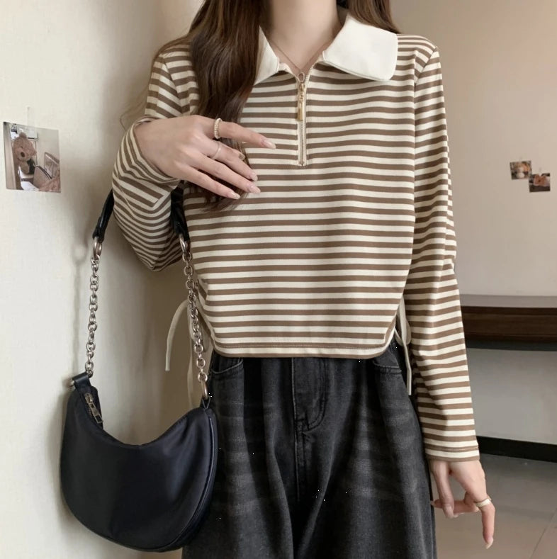 Women's Autumn Polo Shirt 2026 Striped Long Sleeve Drawstring Teddy Bear Collar Slimming T-Shirt