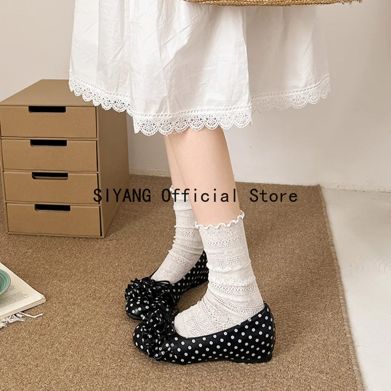 Polka Dot Mary Jane Shoes Women Sweet Ruffle Internal Elevation Shoes Ladies Soft Sole Slip On Daily Comfort Dress Footwear