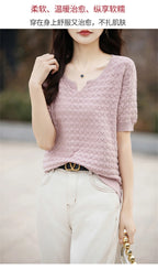 Women's T-shirt Summer New 100% Pure Cotton Tees Casual Solid Knitted Short sleeved V-neck Pullover Loose Tops Fashion Sweater