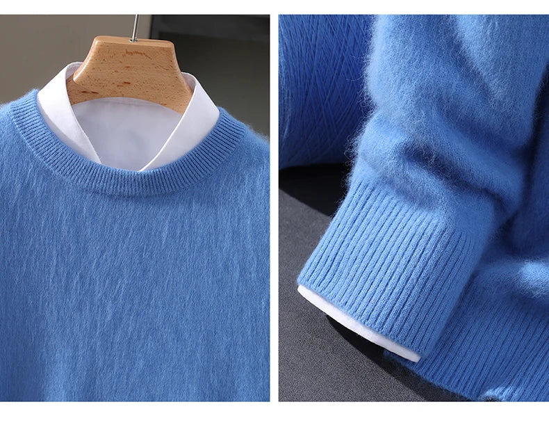 Autumn Winter 100% Mink Cashmere Sweater Men's Round Neck Pullover Loose Solid Color Plus Size Base Knit Business Casual Sweater