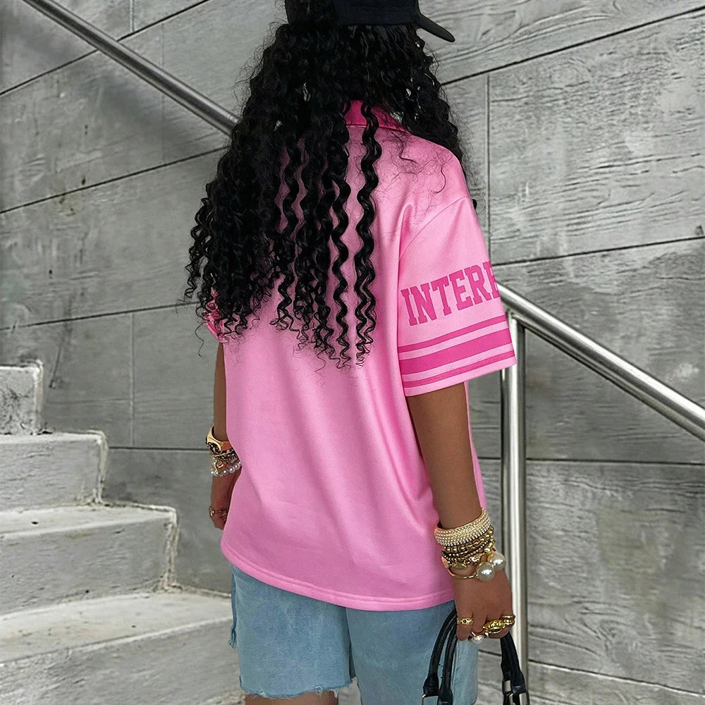 Summer Women's New No.8 Oversized Short sleeved T-shirt Street Y2K Fashion Leisure Sports Jersey Men Letter Printed Polo Shirt