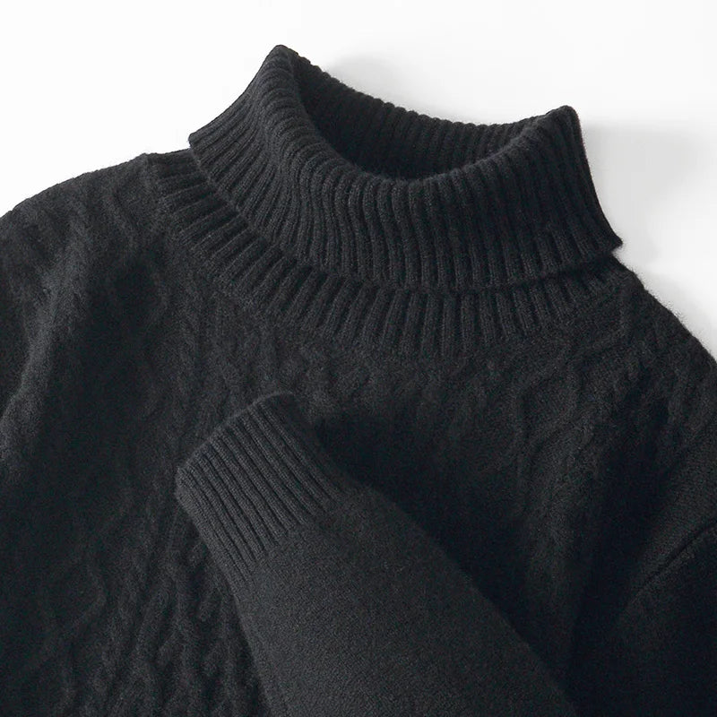 Fall/Winter 100% Wool Men's Turtleneck Thicken Sweater Jacquard Solid Cashmere Knitted Bottom Shirt