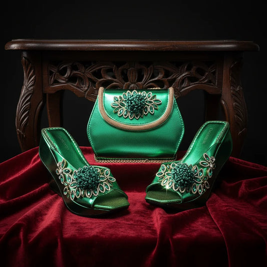 2026 Women's Elegant Green Wedge Heel Shoe and Matching Bag Set with Rhinestone Accents – Stylish Square Toe Design for Parties