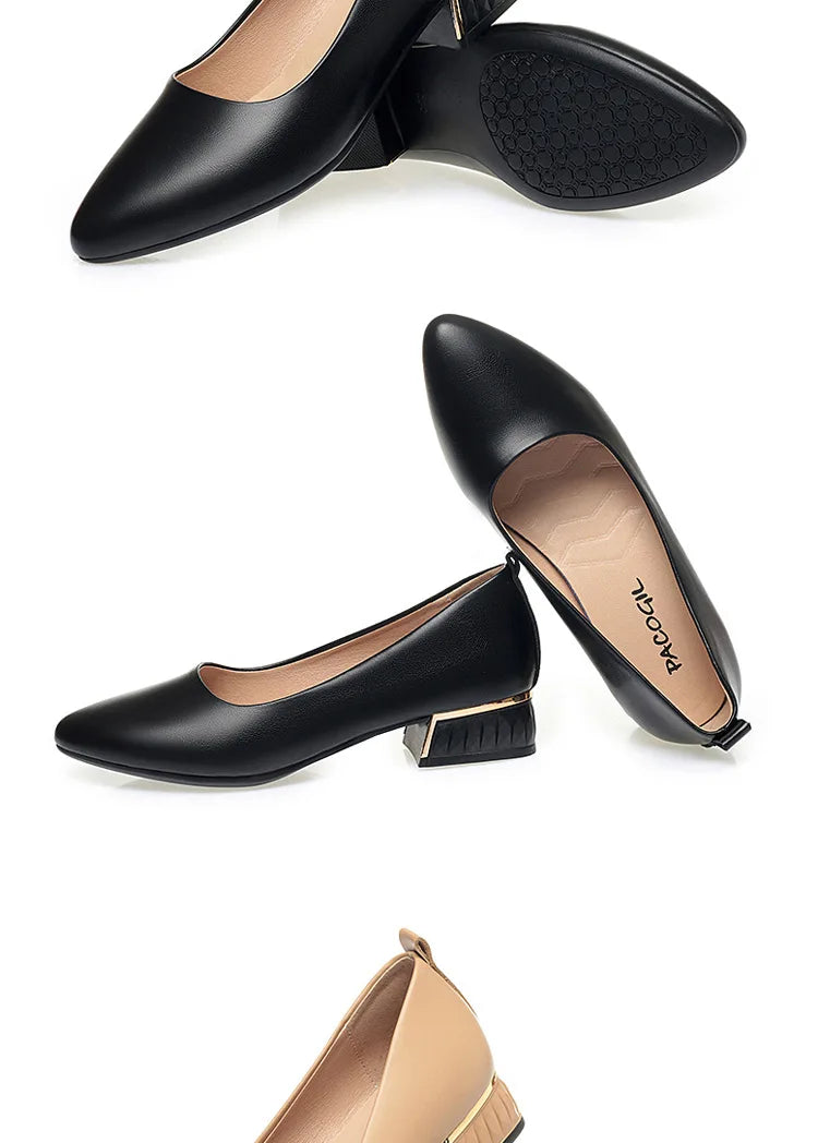 2026 Summer Women's Soft Leather Chunky Heel Pumps  Pointed Toe Low Heel Office Shoes White Work Dress Shoes Size 35-41