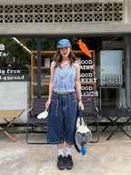 Harajuku Y2k Women's Light Blue Calf Length Cargo Jeans Baggy Denim Trousers Japanese 2000s Oversize Jean Pants Vintage Clothes
