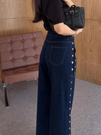 KT 2026 New Women's Dark Blue Wide Leg Jeans Gold Studded Detail High Waist Pocket Decorative Denim Pants