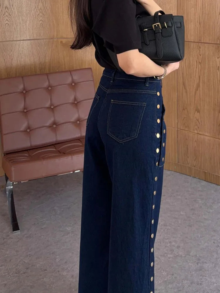 KT 2026 New Women's Dark Blue Wide Leg Jeans Gold Studded Detail High Waist Pocket Decorative Denim Pants