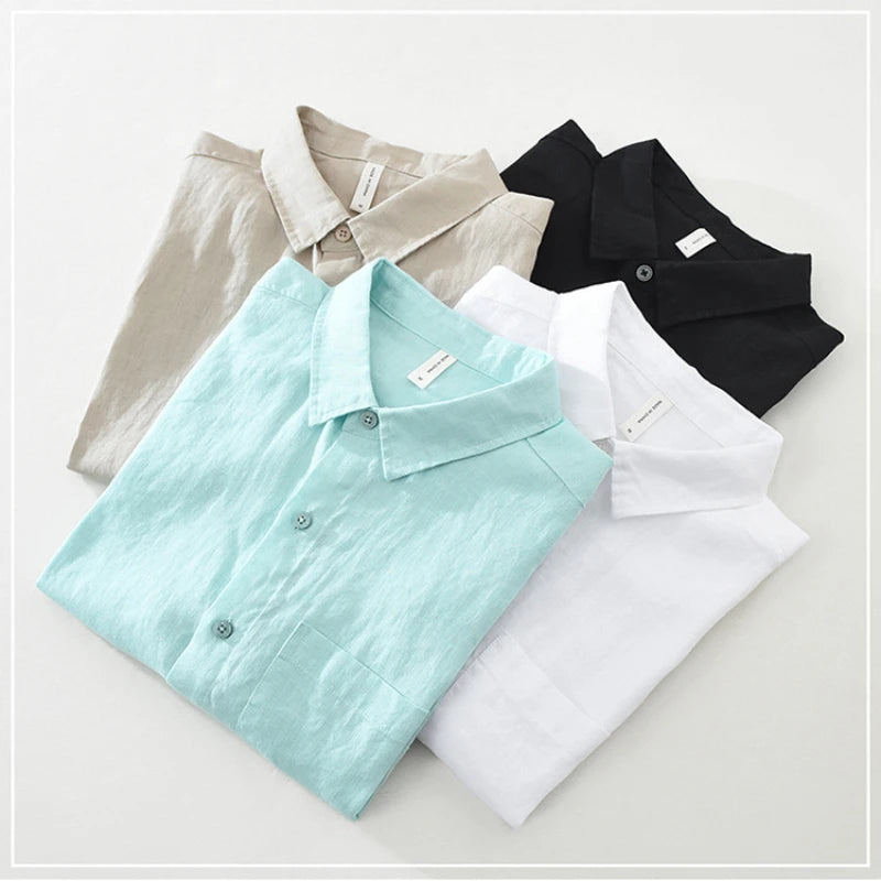100% Linen Short Sleeve Shirt for Men Breathable Summer Casual Top Minimalist Loose Fit Button-Up Shirt  Natural Wrinkle Texture