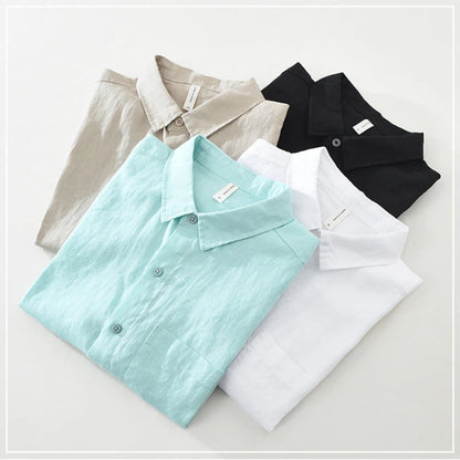 100% Linen Short Sleeve Shirt for Men Breathable Summer Casual Top Minimalist Loose Fit Button-Up Shirt  Natural Wrinkle Texture