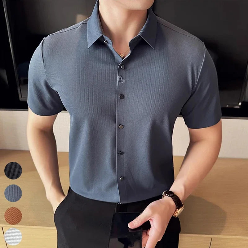 Men's White Business Casual Shirt, Fitted Striped Elastic Short-sleeved Shirt, Exquisite Embroidered Summer Formal Work Uniform.