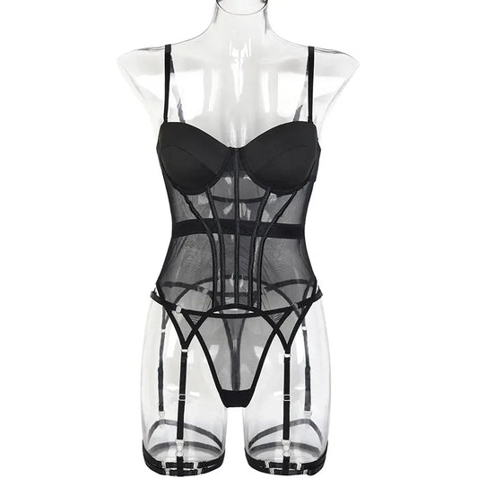 Mesh  Lingerie Luxury Brand Bodysuit Backless Tops for Women 3 Piece Lingerie Set with Garter Sexydresses for Women