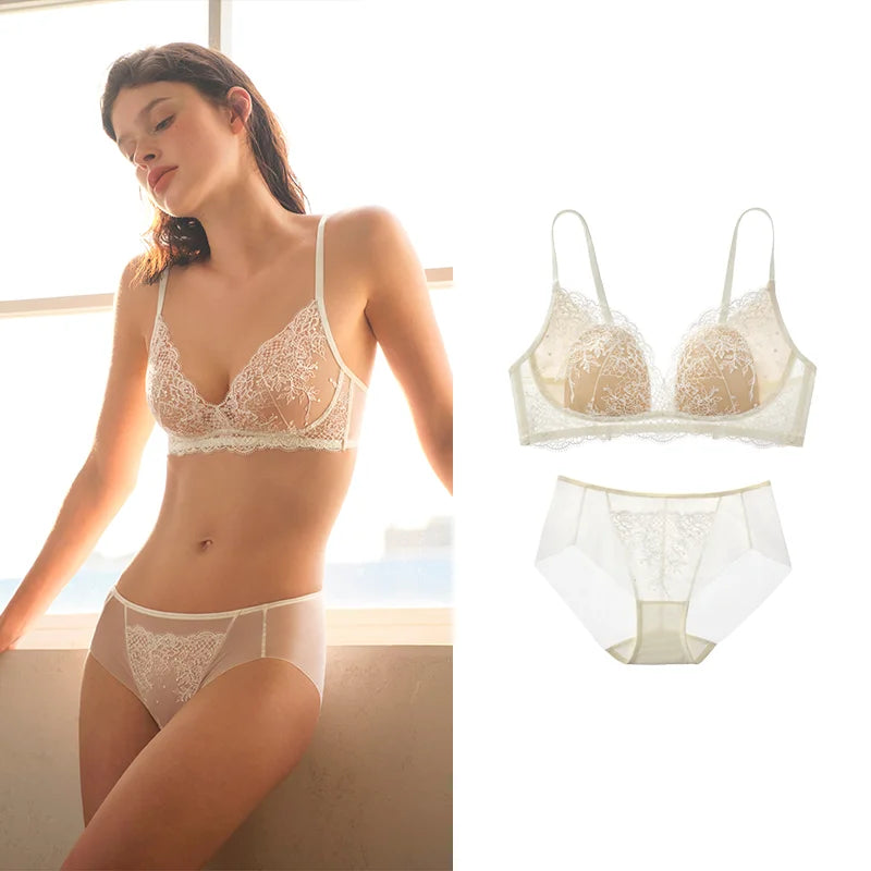 SUJIIN Sexy Embroidered Bra Sets for Women No Underwire Plunge Small Chest Bra and Panty Set Summer Female Lingerie MX287+N196
