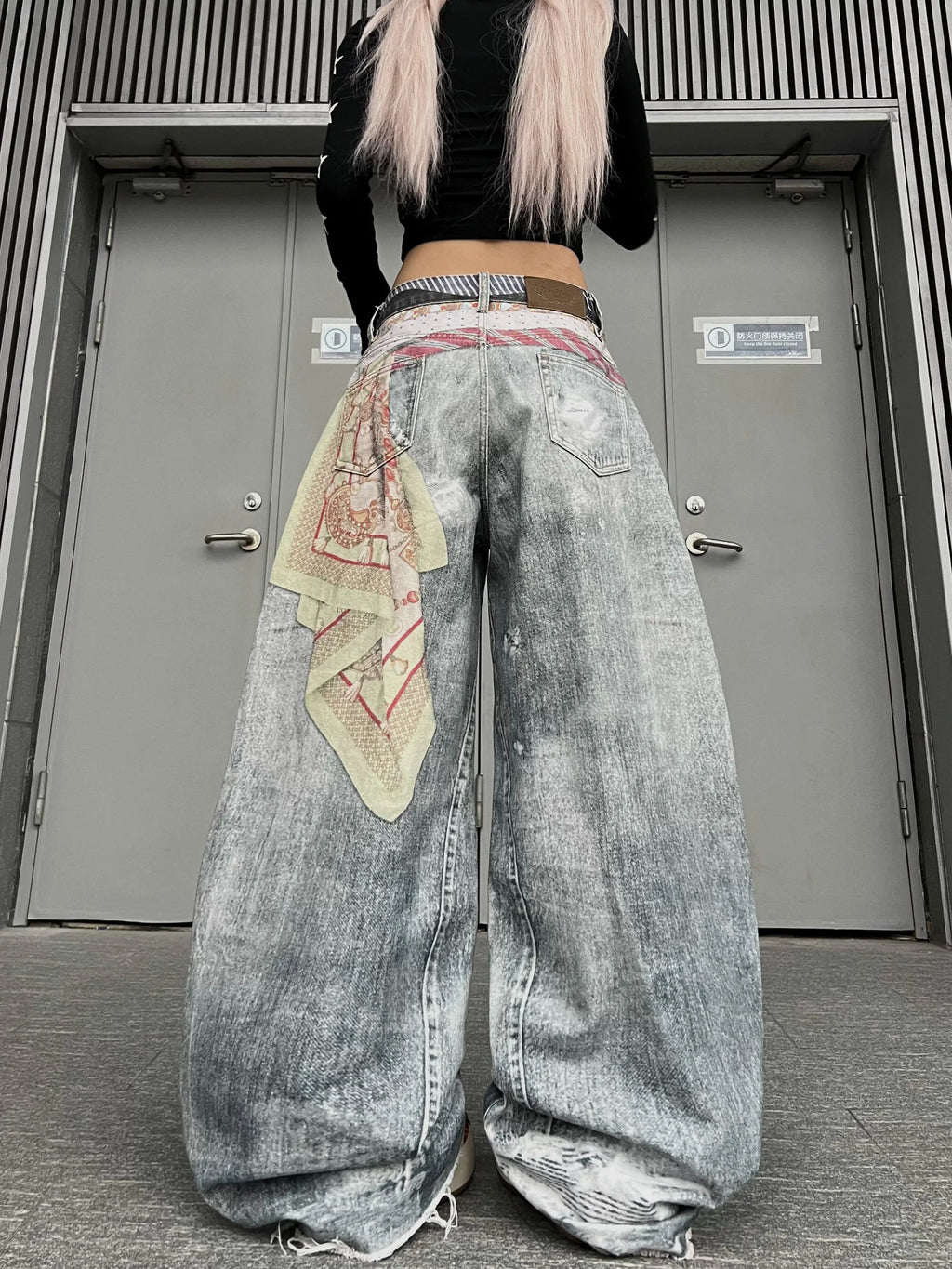 Women American Vintage Print Tie Machete Pattern Jeans Loose Wide Leg Street Hot Girl Design All Match Denim Long Trousers
