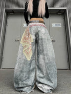 Women American Vintage Print Tie Machete Pattern Jeans Loose Wide Leg Street Hot Girl Design All Match Denim Long Trousers