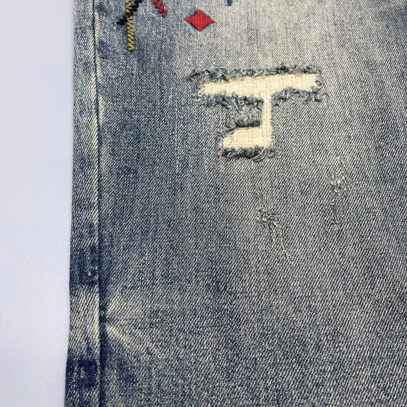 Trendy Edgy And Stylish Men's Jeans With Patchwork Embroidery And Prints Loose-fitting Straight Leg