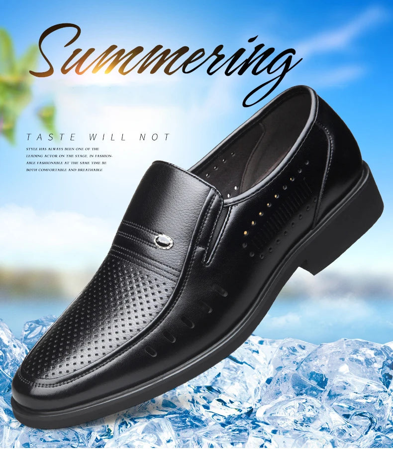Men's Breathable Hollow Out Elevator Dress Leather Shoes Spring Summer 6cm Height Increase Business Slip-On Formal Office Shoes