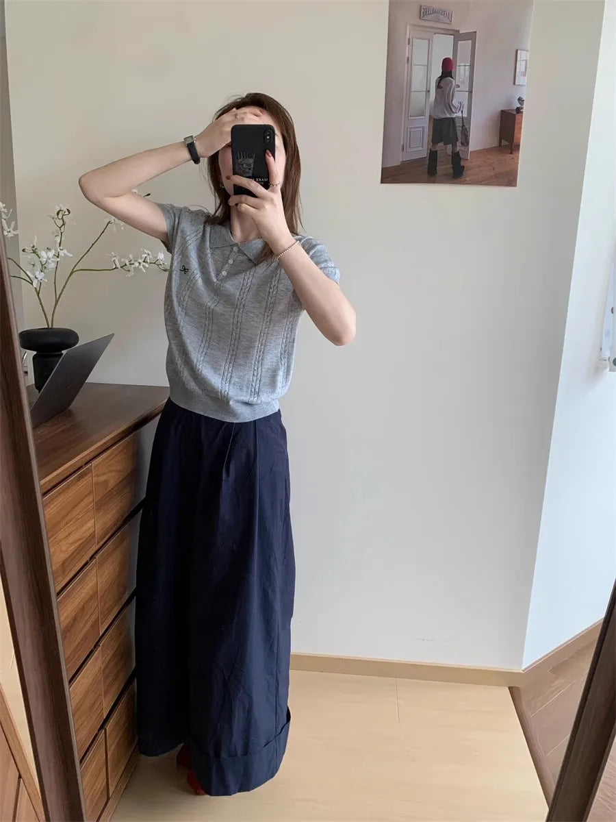 AOSSVIAO 2026 Summer New Korean Fashion Slim Polo shirt Knitted Short Sleeve T-shirt Sweet Bow Embroidered Knitted  Women Tops