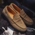 Maden Men's Vintage Suede Cowhide Penny Loafers Old Money Style Slip-On Shoes Brown Dress Casual Low Top Boots for Fall
